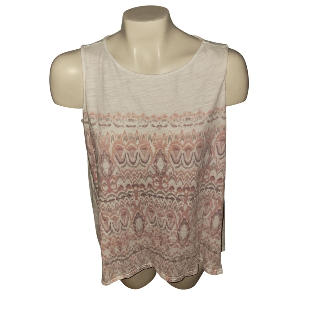 Chaps Womens Plus 1X Sleeveless Slub Knit Tank Top White Pink Purple Ikat Print‎